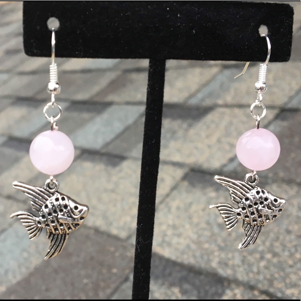 Pink Rose Quartz Angelfish Dangle Earrings - Picture 8 of 8